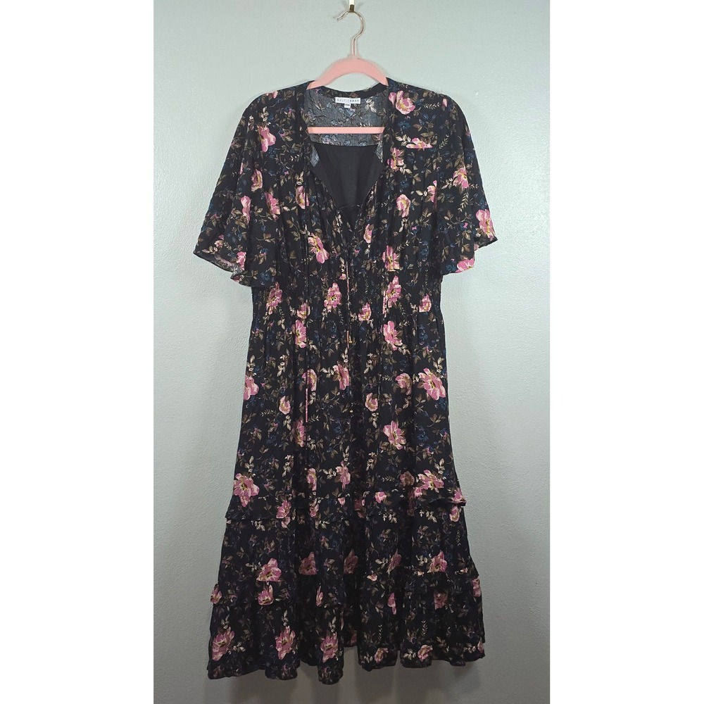 Baltic Born Floral Smocked Midi Dress XXXL Black Pink Rayon Tier Flutter Sleeves